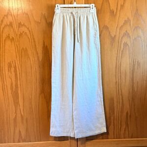 NA-KD Small, XS Tan 100% Linen Wide Leg Elastic Waist Drawstring Trousers